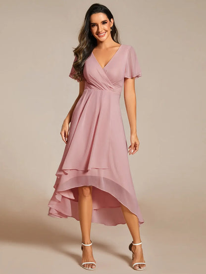 Spring Women's High-Low Hem Dress with Flutter Sleeves Surplice V-Neck ,Chiffon for Wedding Guest dress, Cocktail Party Formal dress,2084,womenswear