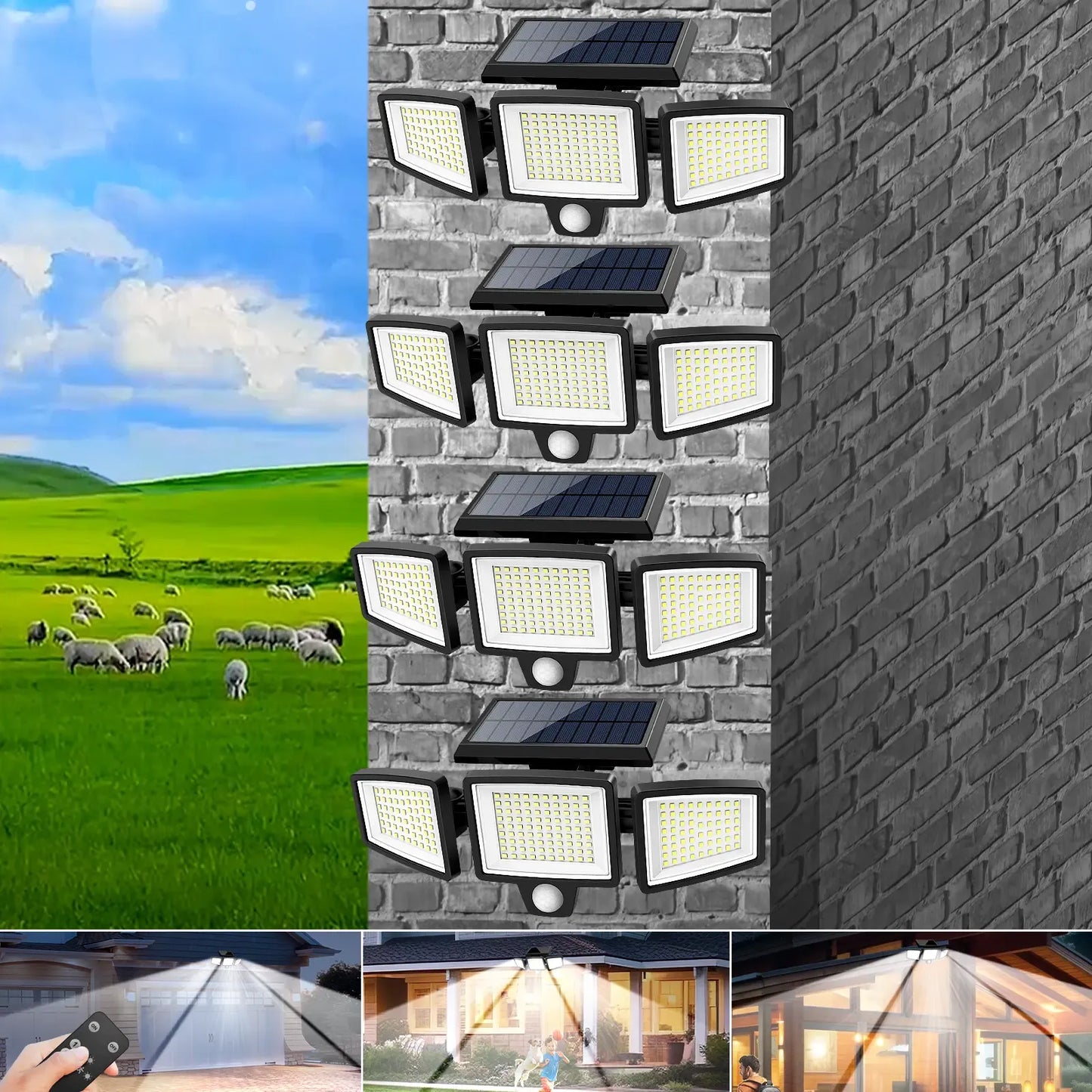 Solar Outdoor Lights 2500LM 210LED Security Lights,3 Heads Dimmable SpotLights with 3 Modes,IP65 Waterproof,Suitable for Yard, Garage, Porch, Pool,Garden,Barn,Patio,#Summervibes