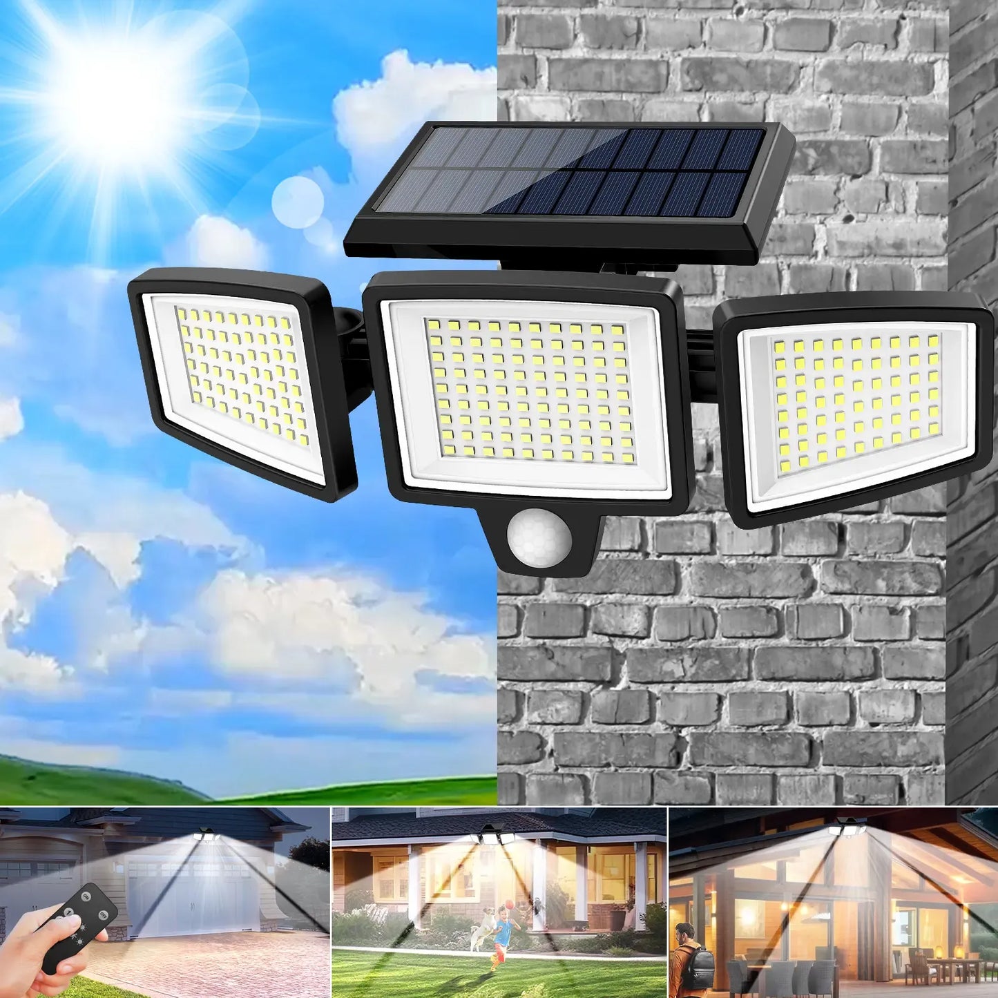 Solar Outdoor Lights 2500LM 210LED Security Lights,3 Heads Dimmable SpotLights with 3 Modes,IP65 Waterproof,Suitable for Yard, Garage, Porch, Pool,Garden,Barn,Patio,#Summervibes