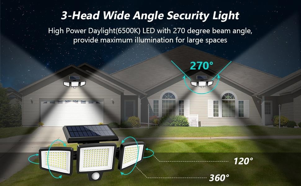 Solar Outdoor Lights 2500LM 210LED Security Lights,3 Heads Dimmable SpotLights with 3 Modes,IP65 Waterproof,Suitable for Yard, Garage, Porch, Pool,Garden,Barn,Patio,#Summervibes