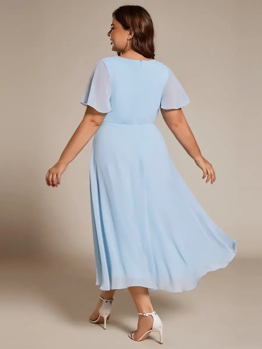 Spring Women's High-Low Hem Dress with Flutter Sleeves Surplice V-Neck ,Chiffon for Wedding Guest dress, Cocktail Party Formal dress,2084,womenswear
